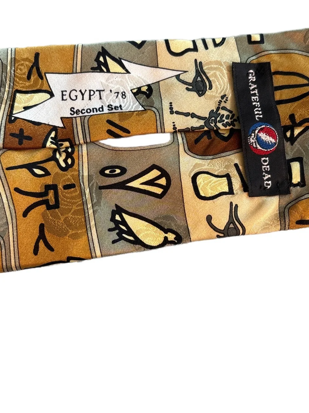GRATEFUL DEAD Tie in Gold/Browns Skeleton Guitarist- Egypt ‘78 2nd Set 100% Silk